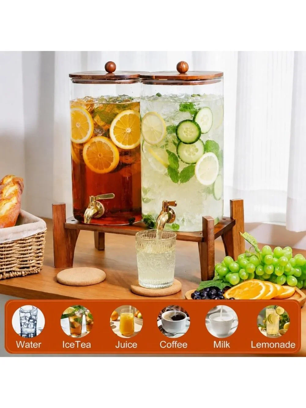 2 Pack 1.5 Gallon Square Beverage Dispensers with Stand & Lid - Perfect for